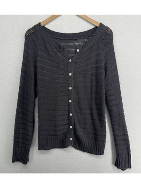 RIVER Sweater XL Cardigan Cotton Blend Sheer Striped Button Up Long Sleeve Gray